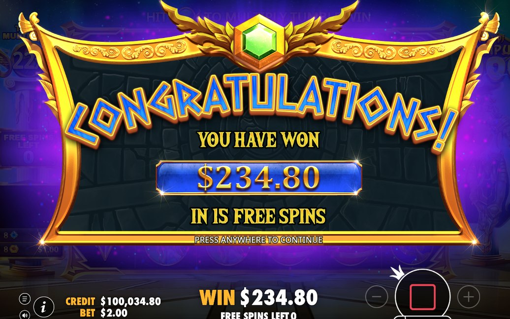 Win screen after a tumble chain pays out